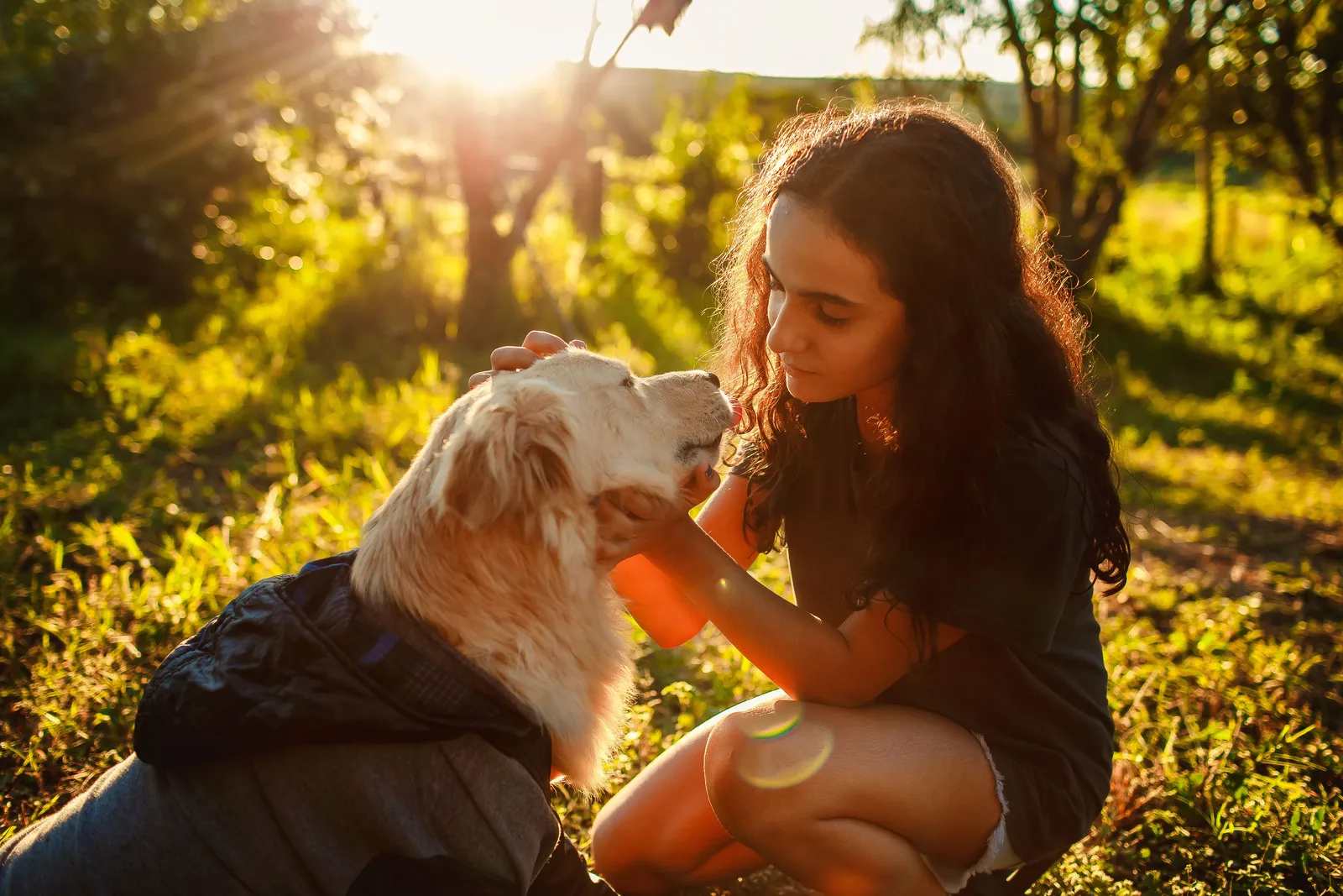 Vrouw en hond kijken elkaar aan in het warme licht van de ondergaande zon.