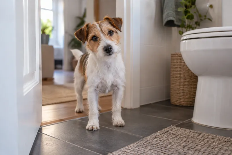 Nieuwsgierige ruwharige hond staat bij de open badkamerdeur
