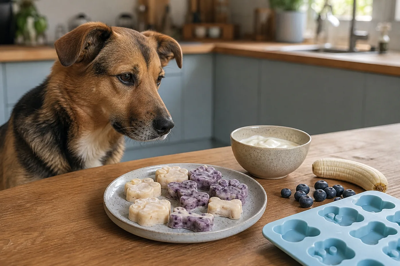 Illustratie van een hond bij hondenijsjes, banaan en blauwe bessen