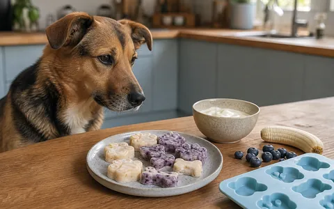 Illustratie van een hond bij hondenijsjes, banaan en blauwe bessen