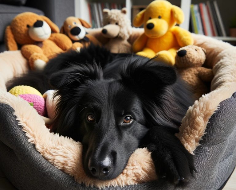 Zwarte hond ligt tussen knuffels