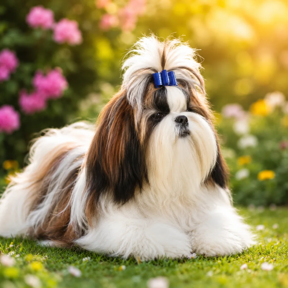 Blije Shih Tzu met een strikje in een zonnige lentetuin